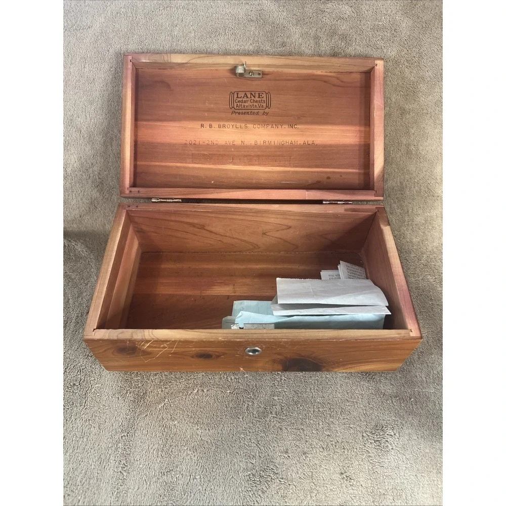 Vtg 1920s Lane Miniature Cedar Chest - R.B. Broyles Birmingham AL Address - Wood